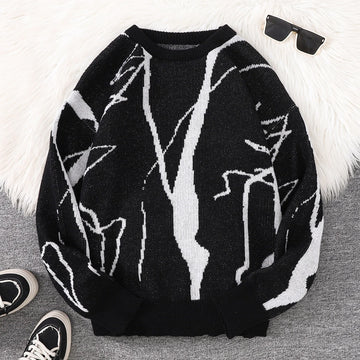 New Popular Autumn and Winter Abstract Crack Graffiti Jacquard Pattern Pullover Sweater Casual Round Neck Knitted Men's Pullover